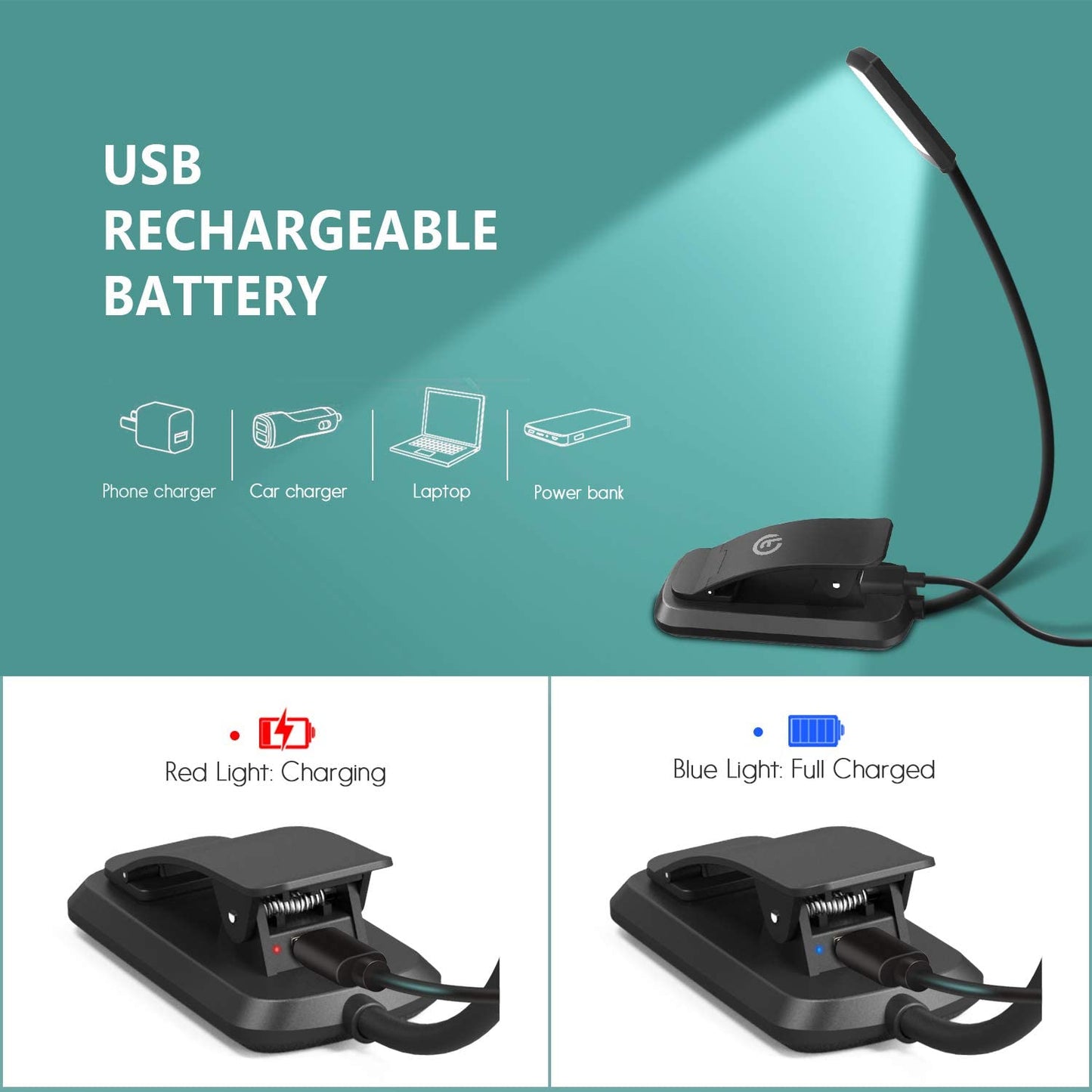 RENGAC 6 LED Book Light,USB Rechargeable Reading Light with 3 Eye-Care Brightness Modes(Warm&Cool White),Flexible Clip on Book Light for Reading in Bed,Tablet,Music Stand,Travel