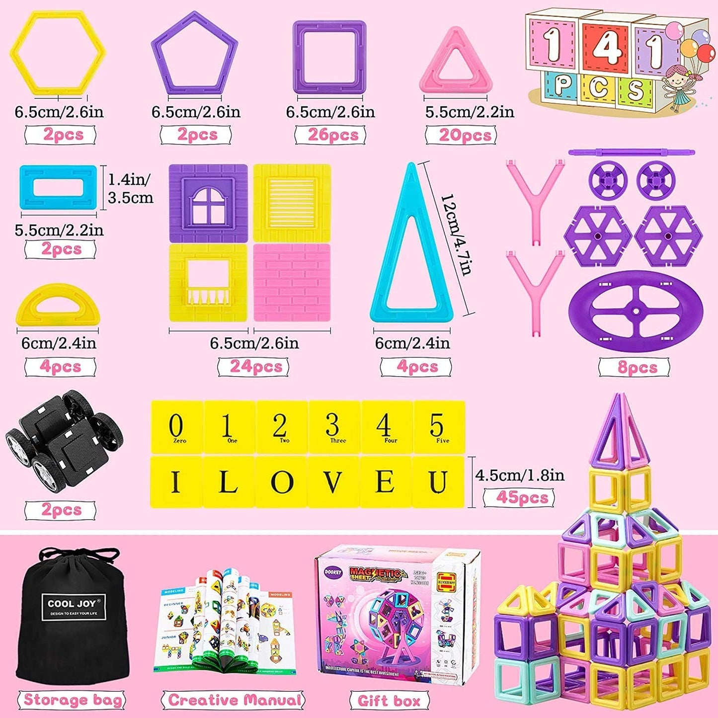 gruciso 141 PCS Magnetic Building Blocks Castle Magnetic Toys Magnet Tiles Gift, Magnetics Construction Booklet Learning & Development Kids Games Toys Gift with Portable Bag for Boys Girls