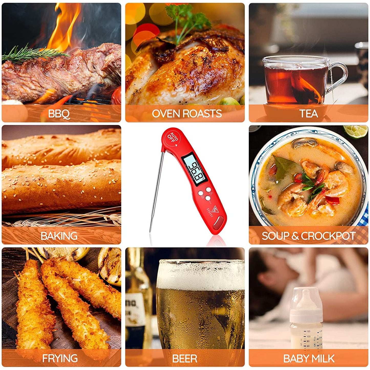 Taoriggs Cooking Thermometer, Digital Instant Read Food Thermometer Meat Thermometer Kitchen Thermometer with Foldable Probe, Backlit LCD Screen, Auto On/Off for BBQ, Grill, Suger, Milk, Deep Fry (Red)