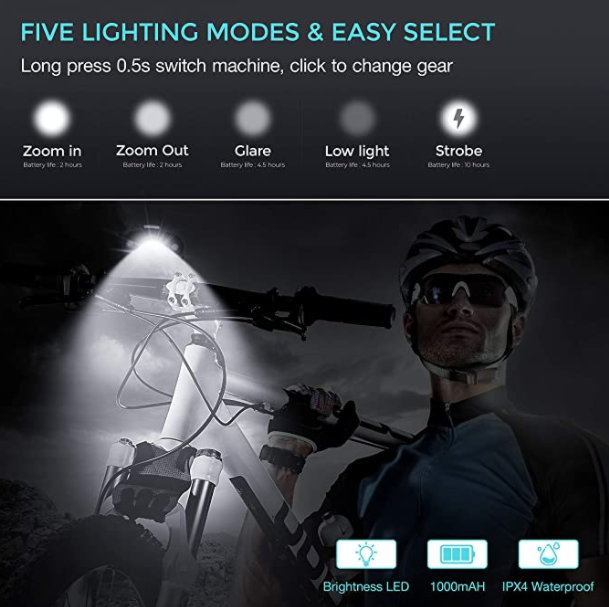Dejusam USB Rechargeable Super Bike Headlight and Back Light Set, Runtime 10+ Hours 600 Lumen Bright Front Lights and Tail Rear LED, 5 Light Mode Options Fits All Bicycles, Road, Mountain