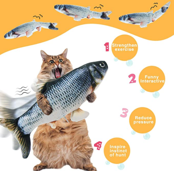 gruciso 11" Moving Cat Kicker Fish Toy, Realistic Plush Simulation Flopping Fish, Wiggling Fish Catnip Toys, Electric Funny Interactive Pet Supplies -Ideal for Chewing,Exercising