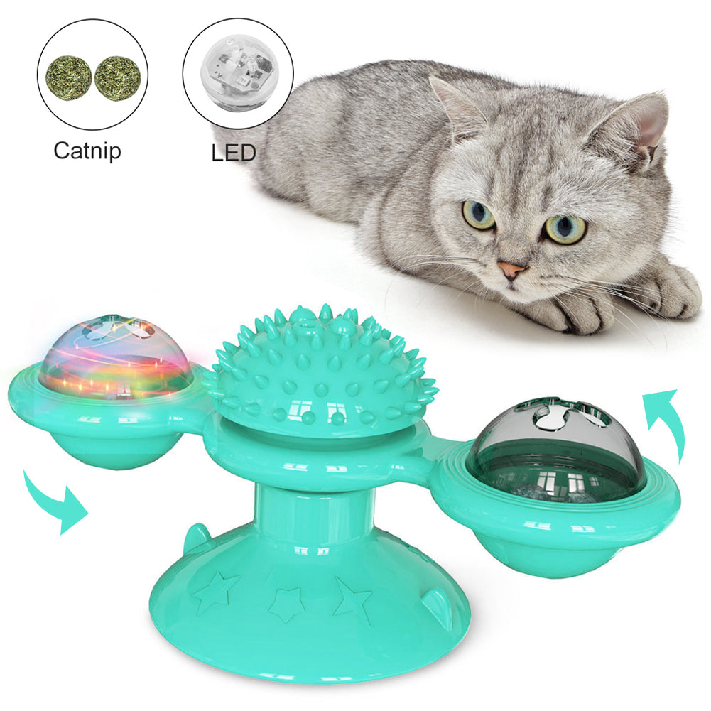 YWSEOC Windmill Cat Toy Turntable Teasing Interactive Cat Toys for Indoor Cats with Suction Cup Scratching Tickle Cats Hair Brush Funny Kitten Toys with Catnip and Bells