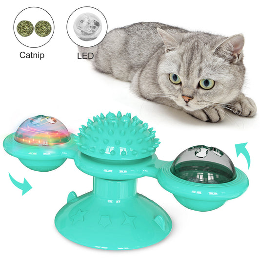 YWSEOC Windmill Cat Toy Turntable Teasing Interactive Cat Toys for Indoor Cats with Suction Cup Scratching Tickle Cats Hair Brush Funny Kitten Toys with Catnip and Bells