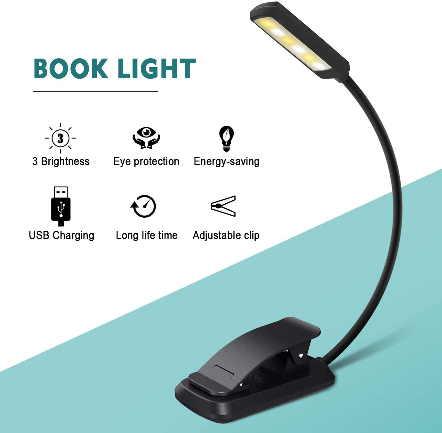 RENGAC  6 LED Book Light,USB Rechargeable Reading Light with 3 Eye-Care Brightness Modes(Warm&Cool White),Flexible Clip on Book Light for Reading in Bed,Tablet,Music Stand,Travel