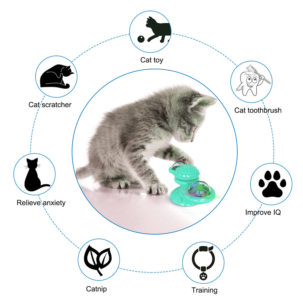 YWSEOC Windmill Cat Toy Turntable Teasing Interactive Cat Toys for Indoor Cats with Suction Cup Scratching Tickle Cats Hair Brush Funny Kitten Toys with Catnip and Bells