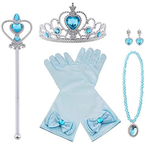 gruciso Elsa Dress Up Accessories Set, 7 Pcs Princess Dress-up Party Accessories for Girls with Elsa Gloves, Princess Tiara, Earring, Magic Wand, Necklace(Blue)