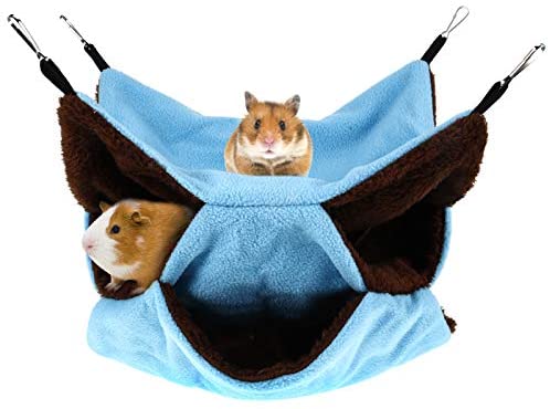 BOUANRY Pet Hammock Bed,3 Layer Plush Hanging Hamster Bed Cozy Fleece Warm Nest Hideout for Guinea Pig, Ferrets, Chinchillas and Other Small Animal(Blue)