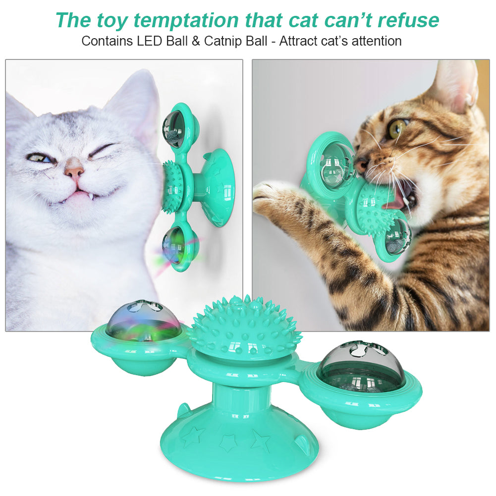 YWSEOC Windmill Cat Toy Turntable Teasing Interactive Cat Toys for Indoor Cats with Suction Cup Scratching Tickle Cats Hair Brush Funny Kitten Toys with Catnip and Bells