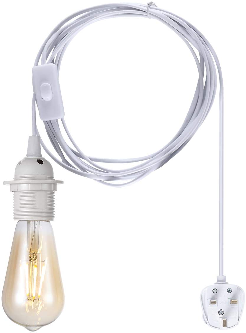 RENGAC 4.5m Plug in Pendant Light Fitting,White Hanging Lights kit Fitting, E27 lamp Holder,On-Off Switch,Extension for shed, Warehouse, Light Shade