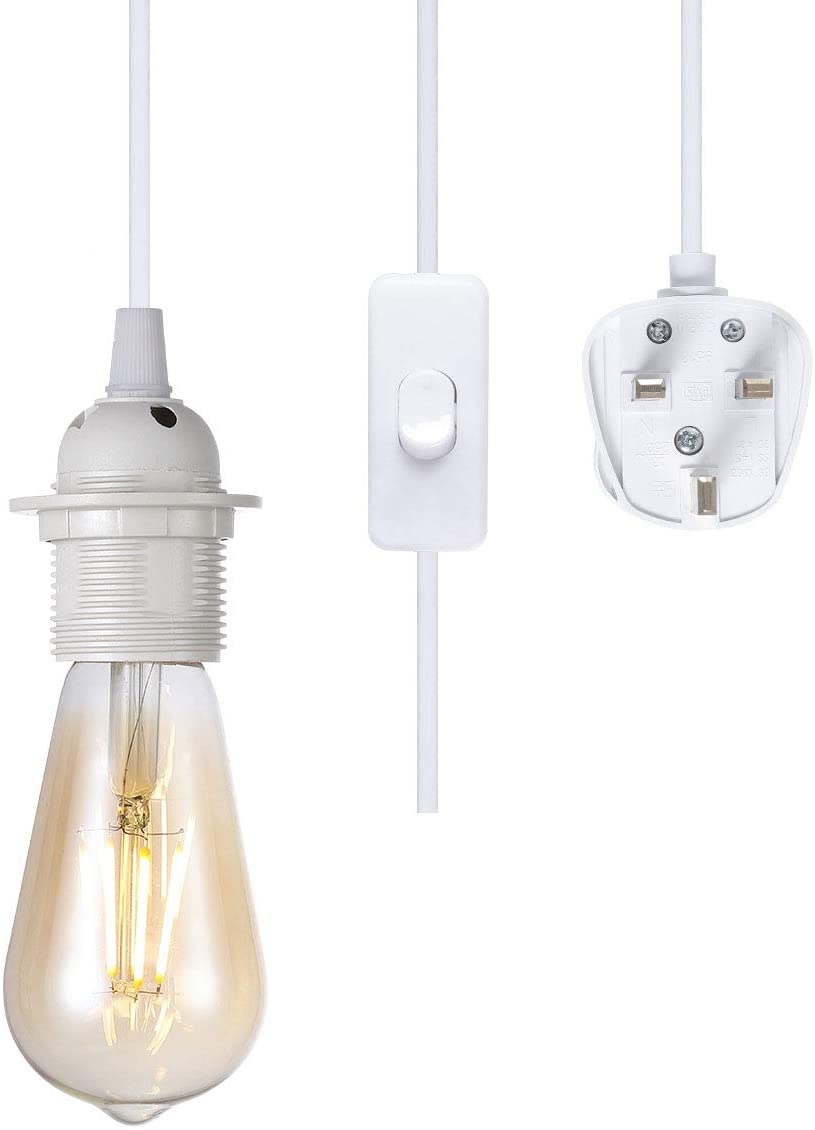 RENGAC 4.5m Plug in Pendant Light Fitting,White Hanging Lights kit Fitting, E27 lamp Holder,On-Off Switch,Extension for shed, Warehouse, Light Shade