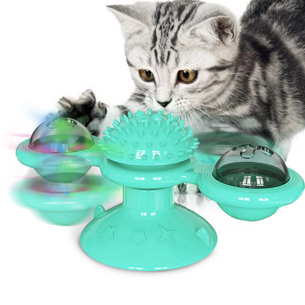 YWSEOC Windmill Cat Toy Turntable Teasing Interactive Cat Toys for Indoor Cats with Suction Cup Scratching Tickle Cats Hair Brush Funny Kitten Toys with Catnip and Bells