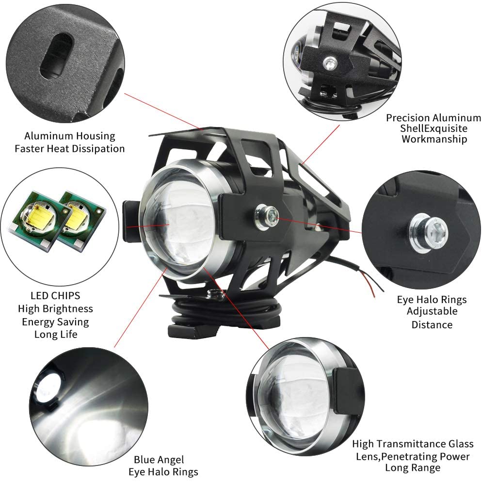 RENGAC Motorcycle Headlights,Motorbike Spot Driving Lights CREE U5 Motorcycle Front Spotlights Additional Fog Lights DRL 125W 3000LM with Switch for Motorcycle Quad Scooter Car Truck Boat Bike Black