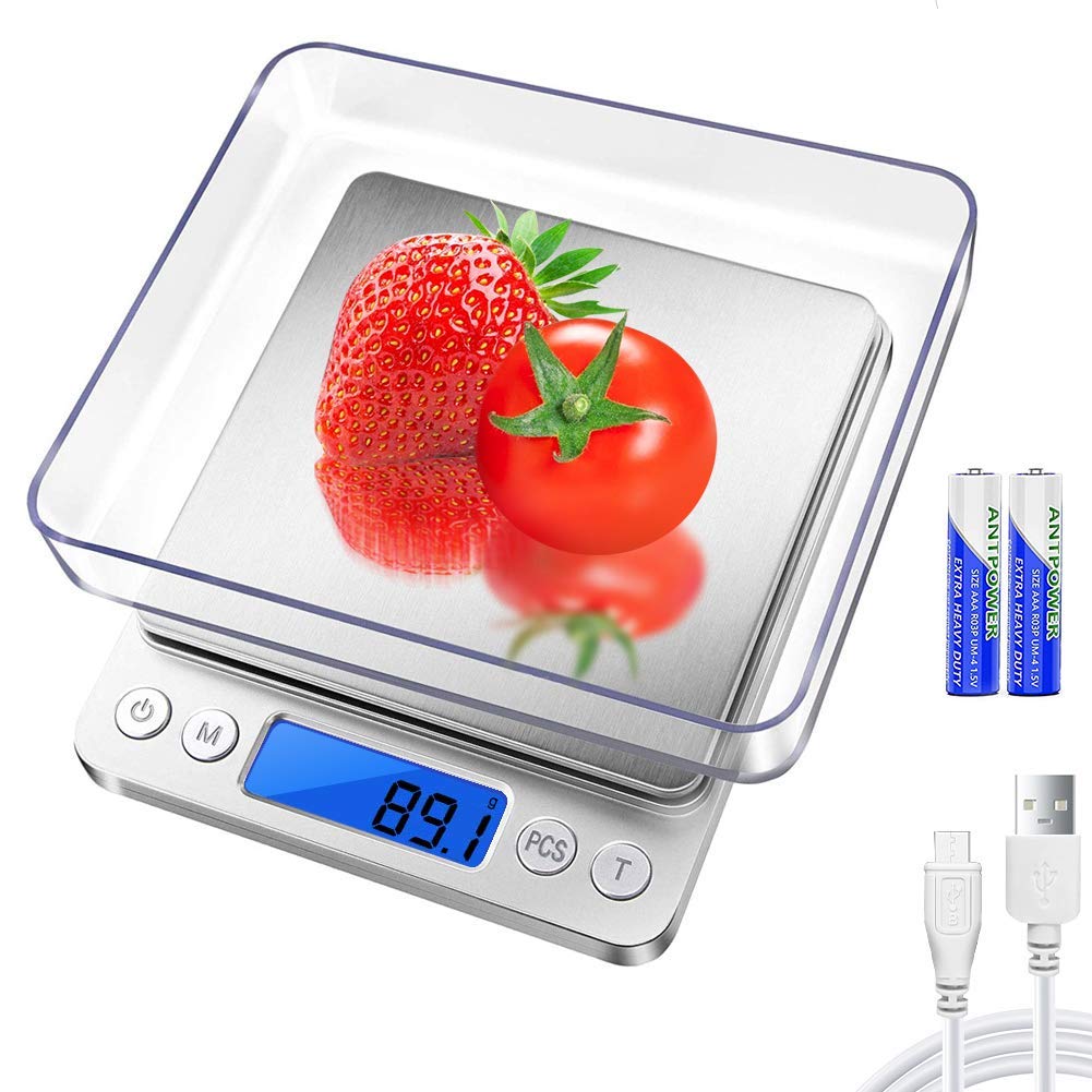 Jorenca Digital Kitchen Weighing Scales, USB Rechargeable Pocket Scale, 0.1g/0.001oz Accuracy, 9 Unit with LCD Display, Stainless Steel Food Scales with 2 Trays for Home & Outdoor Use
