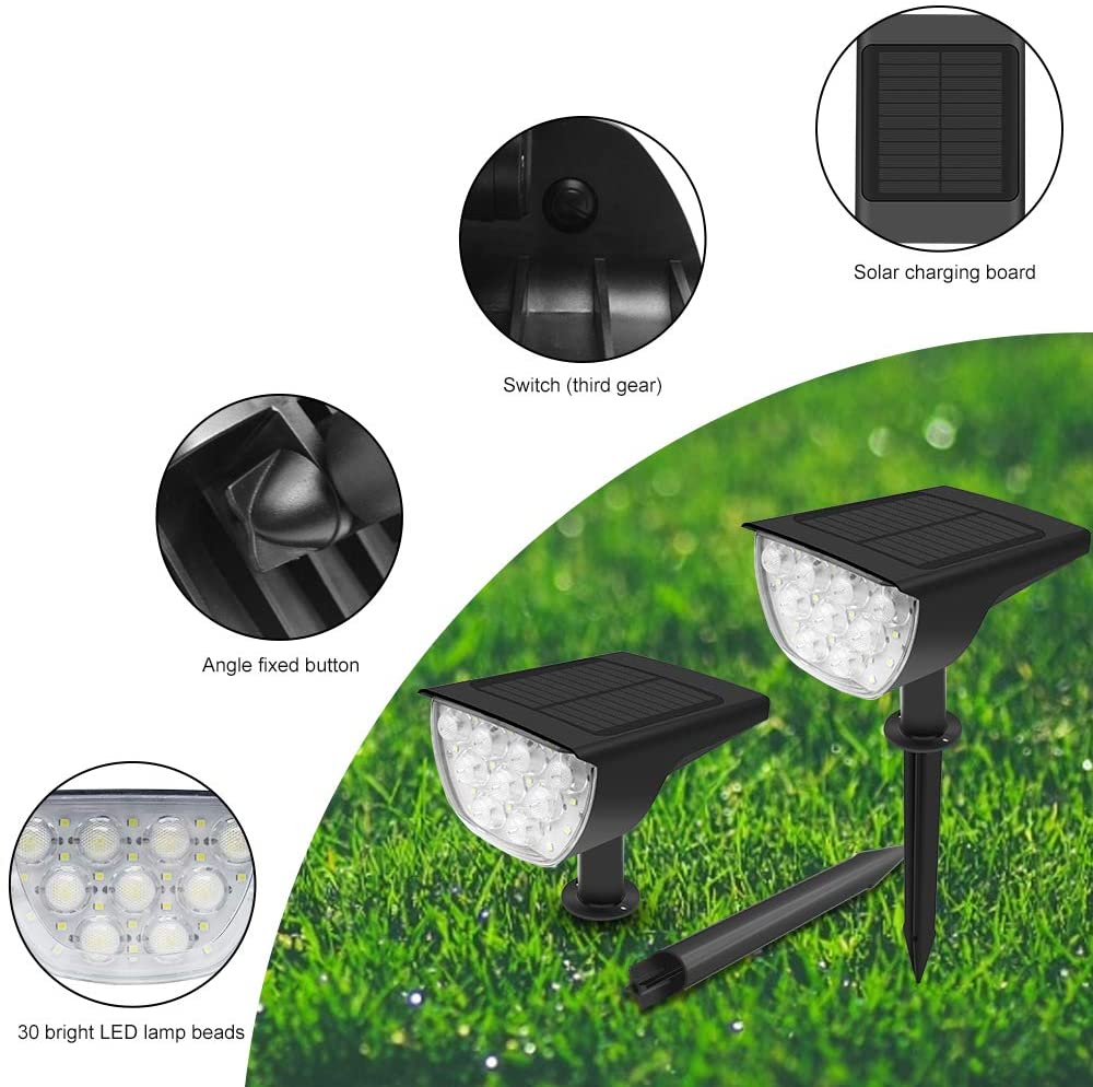 RENGAC 30 LED Solar Landscape Spotlights, Cold White IP67 Waterproof Solar Powered Wall Lights, Wireless Outdoor Solar Landscaping Lights for Yard Garden Driveway Porch Walkway Pool Patio (2 Pack)