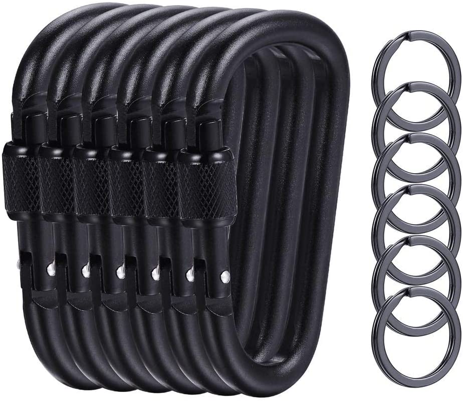 gruciso 6 Pcs Upgraded D-Ring Locking Carabiner, 3.1" D Shape Keychain Clips for Outdoor, Camping, Hiking, Fishing, Home RV, Travel, 6 Spring-Loaded Gate Hook with 6 Key Rings