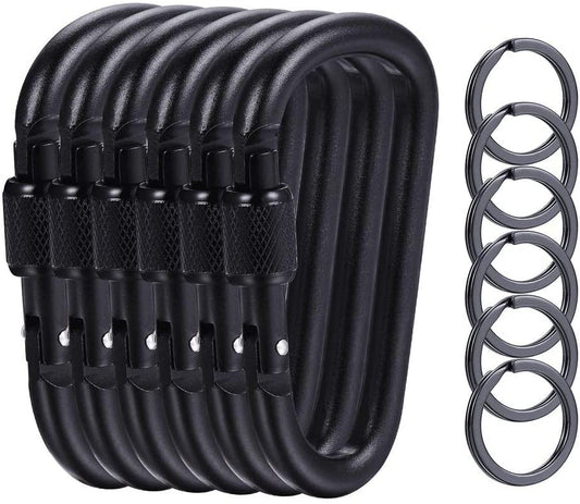 gruciso 6 Pcs Upgraded D-Ring Locking Carabiner, 3.1" D Shape Keychain Clips for Outdoor, Camping, Hiking, Fishing, Home RV, Travel, 6 Spring-Loaded Gate Hook with 6 Key Rings