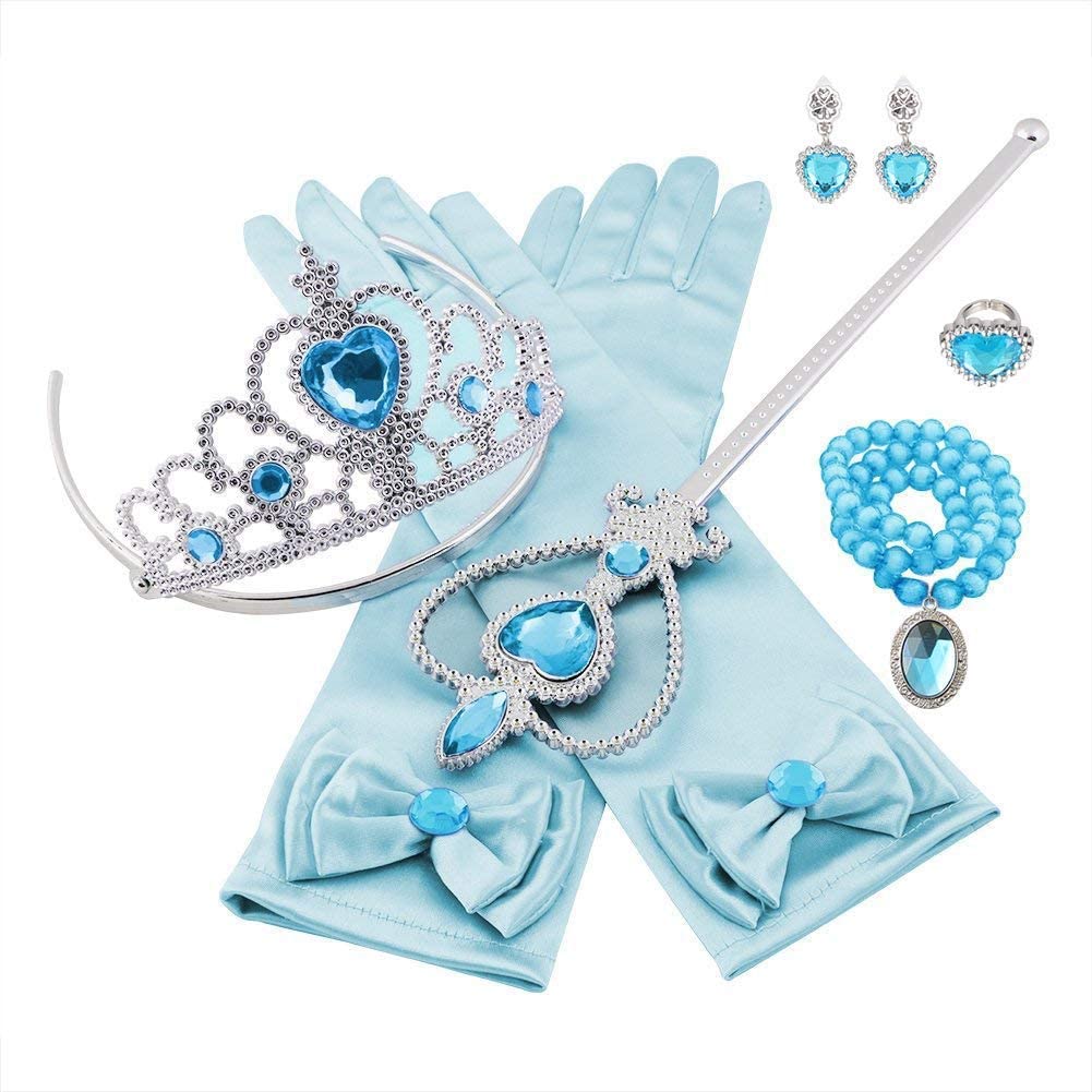 gruciso Elsa Dress Up Accessories Set, 7 Pcs Princess Dress-up Party Accessories for Girls with Elsa Gloves, Princess Tiara, Earring, Magic Wand, Necklace(Blue)