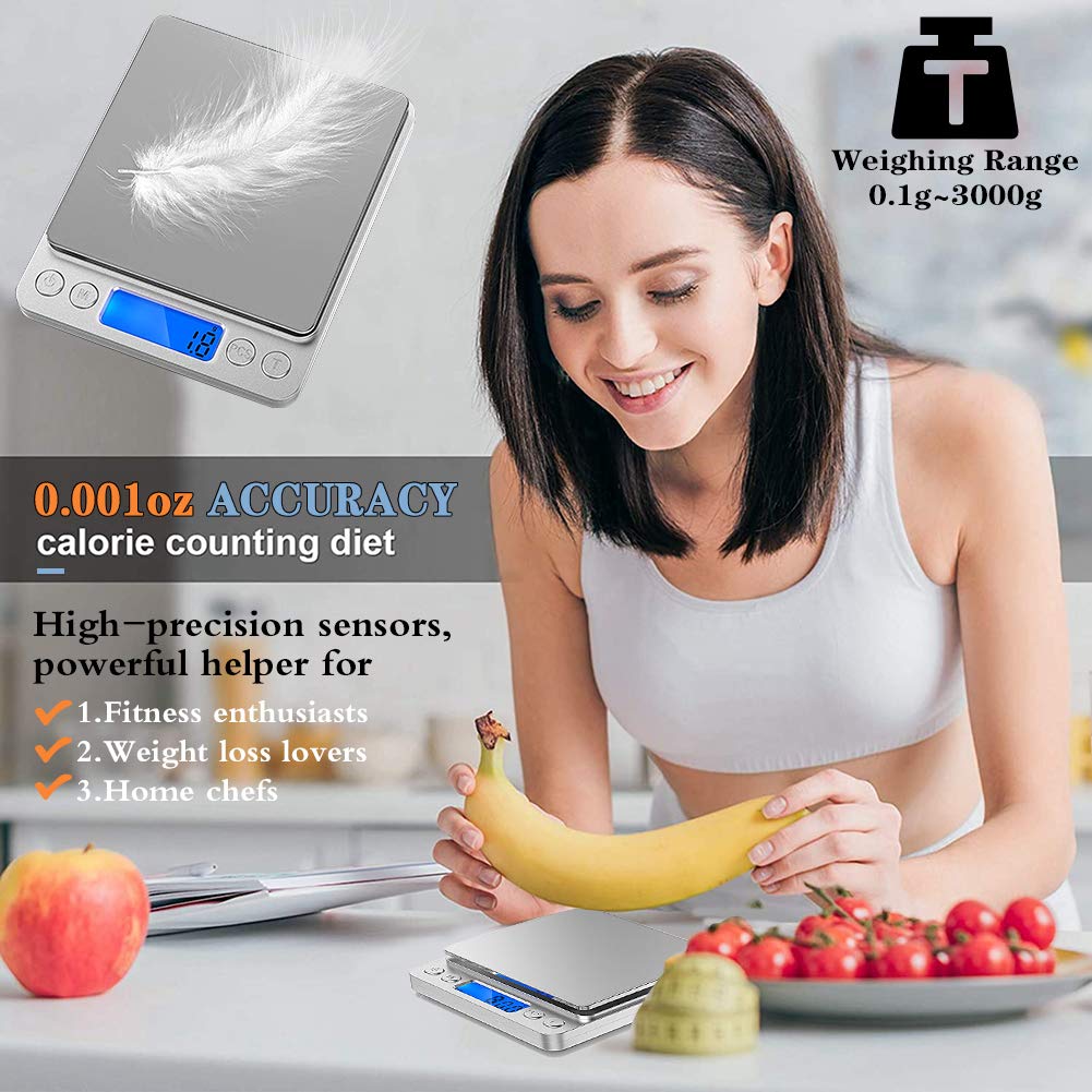 Jorenca Digital Kitchen Weighing Scales, USB Rechargeable Pocket Scale, 0.1g/0.001oz Accuracy, 9 Unit with LCD Display, Stainless Steel Food Scales with 2 Trays for Home & Outdoor Use
