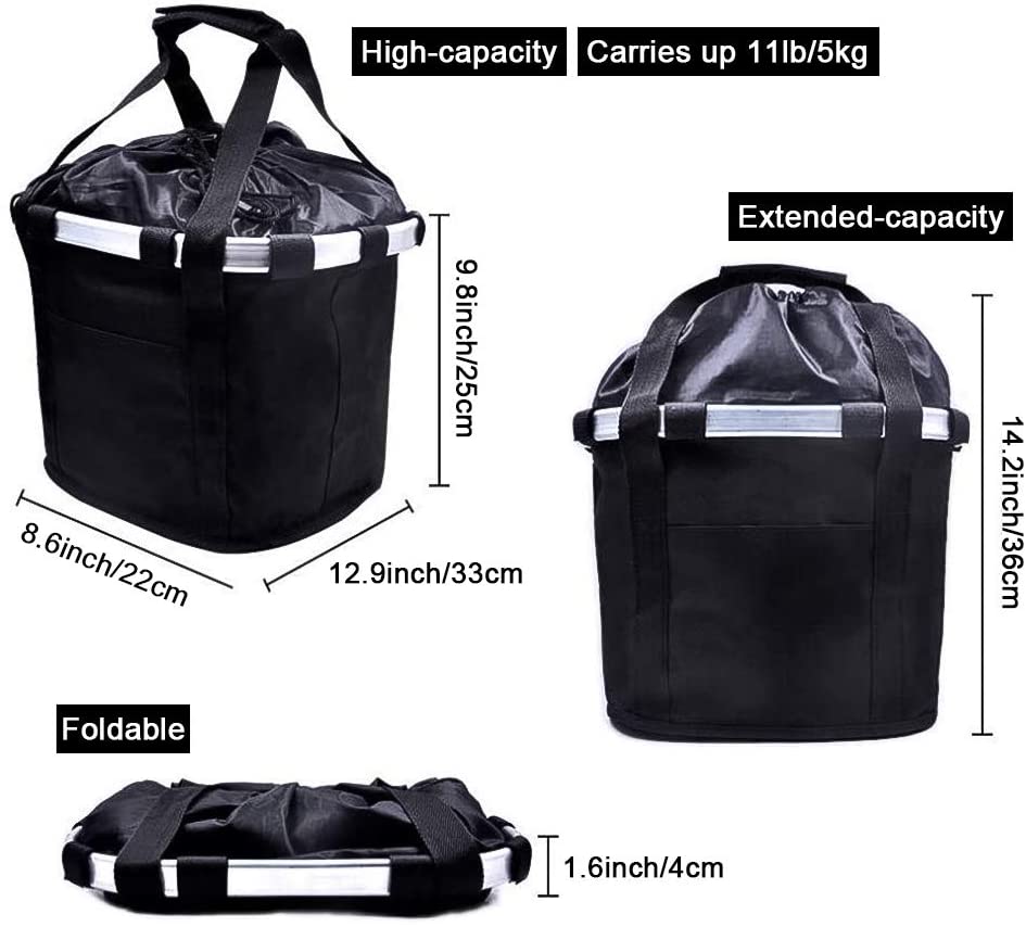 Zrakris Cestino Bicicletta Anteriore, Staccabile Pieghevole Ciclo Anteriore Borsa da Basket In Tela, Impermeabile Cestini Bici per cani, Picnic, Shopping - Nero