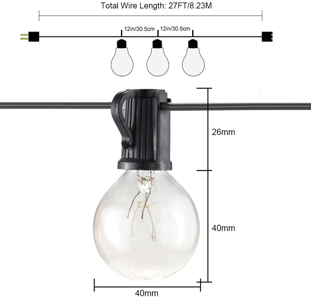 RENGAC Globe Festoon String Light Bulb 27Ft G40 Indoor Outside Waterproof, Warm White