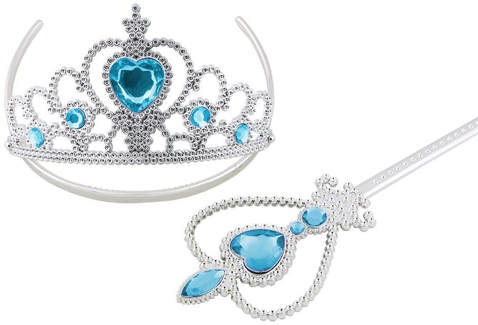 gruciso Elsa Dress Up Accessories Set, 7 Pcs Princess Dress-up Party Accessories for Girls with Elsa Gloves, Princess Tiara, Earring, Magic Wand, Necklace(Blue)