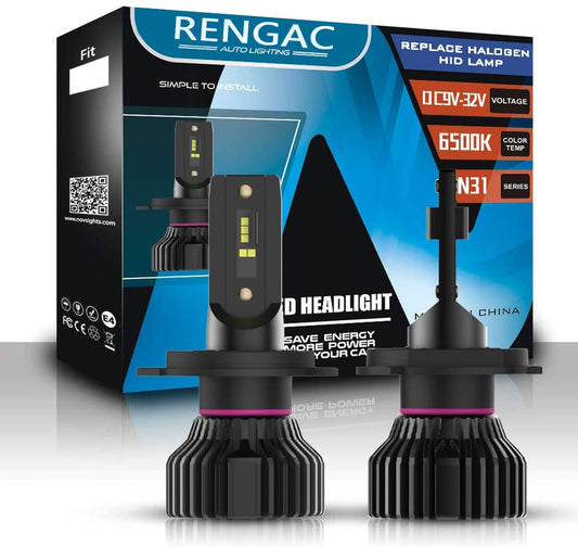 RENGAC H4 LED Headlight Bulb White 6500K, 2Pcs 10000LM 50W Car Headlight Bulbs Conversion Kit High/Low Beam, Super Bright Waterproof Replacement for Halogen Headlight
