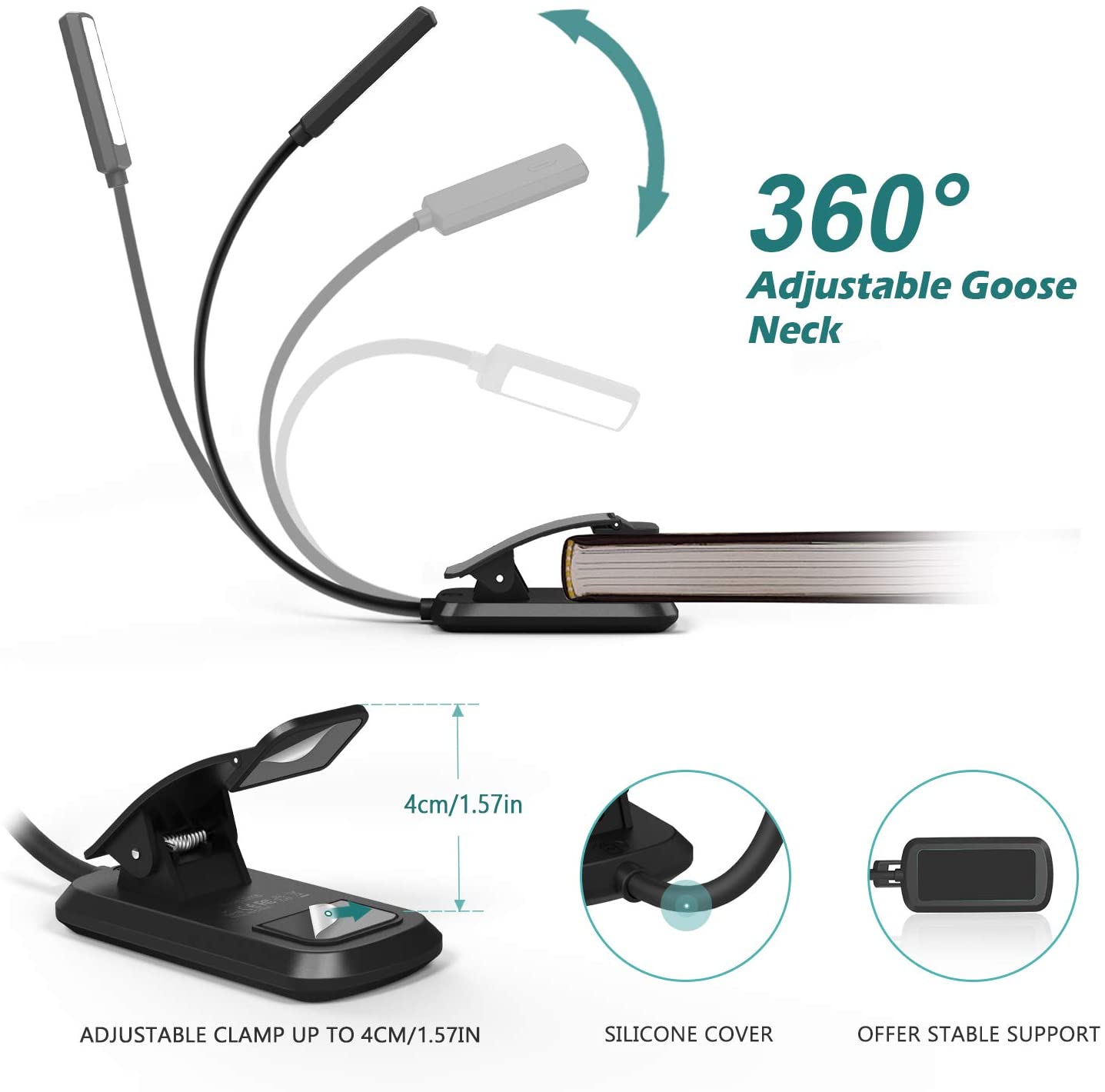 RENGAC  6 LED Book Light,USB Rechargeable Reading Light with 3 Eye-Care Brightness Modes(Warm&Cool White),Flexible Clip on Book Light for Reading in Bed,Tablet,Music Stand,Travel