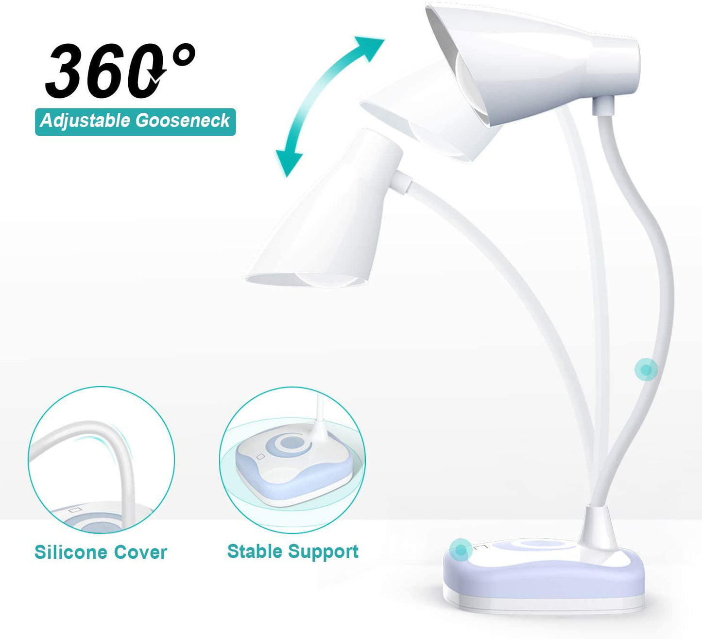 RENGAC LED Desk Lamp, 5W USB Rechargeable Reading Light with Mood Light on Base, 3 Levels Brightness, Touch Sensor Control, Energy-Saving Portable Reading Book Light for Study, Bedroom, Office, etc