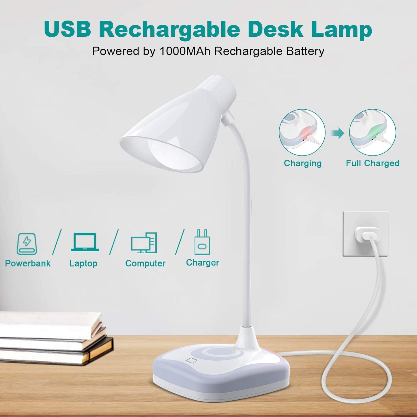 RENGAC LED Desk Lamp, 5W USB Rechargeable Reading Light with Mood Light on Base, 3 Levels Brightness, Touch Sensor Control, Energy-Saving Portable Reading Book Light for Study, Bedroom, Office, etc