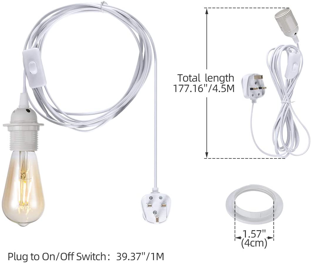 RENGAC 4.5m Plug in Pendant Light Fitting,White Hanging Lights kit Fitting, E27 lamp Holder,On-Off Switch,Extension for shed, Warehouse, Light Shade