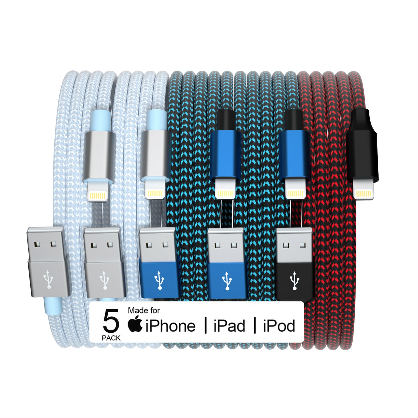 iPhone Charger, 5 Pack(6.6/6.6/10/10/10ft) Nylon Braided Lightning Charging Cables Compatible iPhone 14/13/12/11 Pro Max/XS MAX/XR/XS/X/8/7/Plus iPad