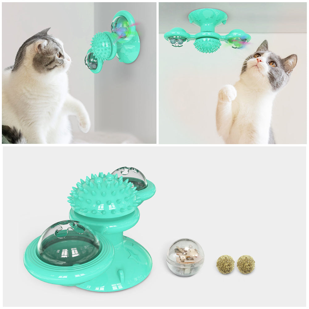YWSEOC Windmill Cat Toy Turntable Teasing Interactive Cat Toys for Indoor Cats with Suction Cup Scratching Tickle Cats Hair Brush Funny Kitten Toys with Catnip and Bells