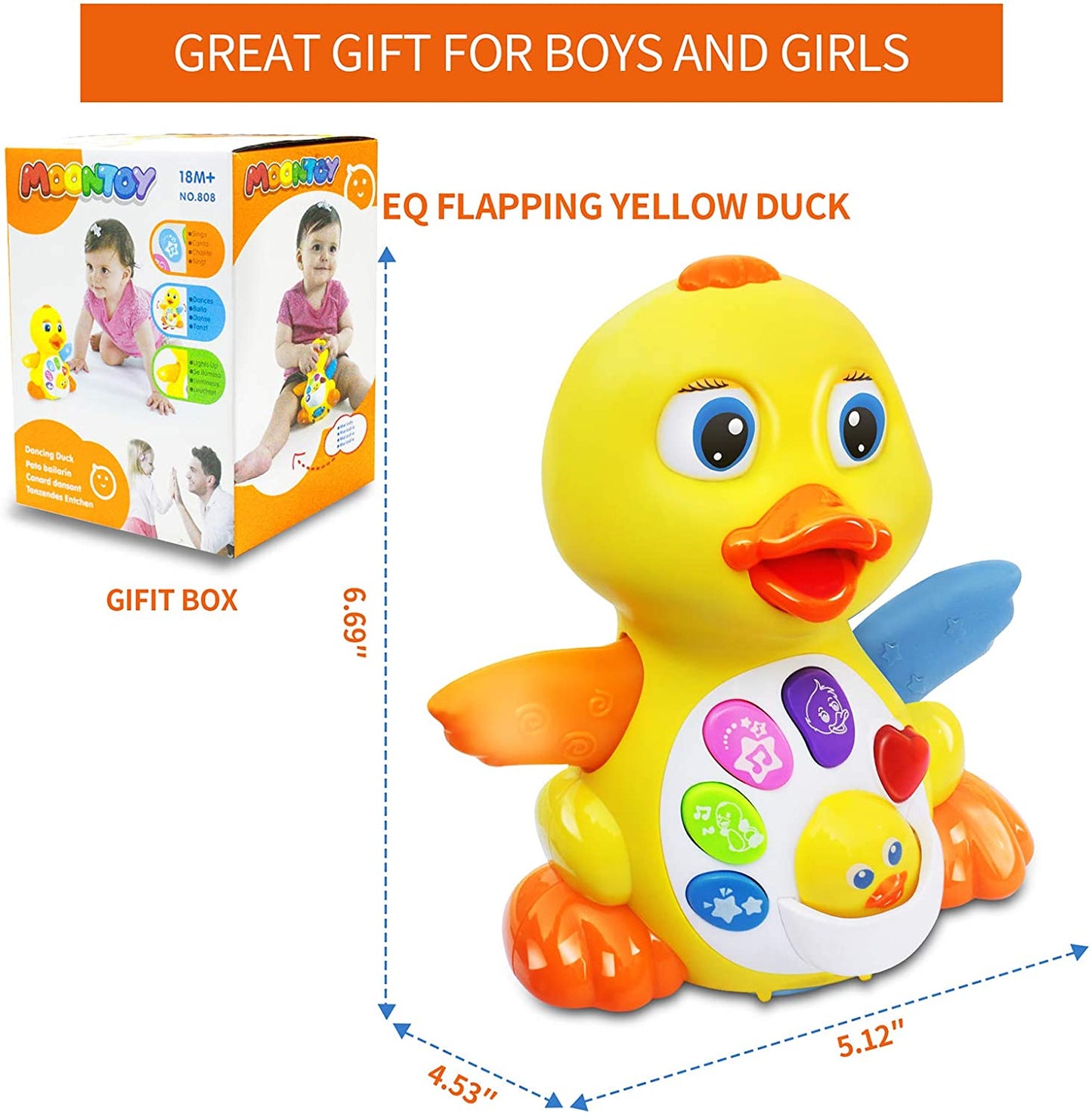 gruciso Singing Dancing Duck Toys-Musical and Educational duck Toy for Girl or Boy - Crawling Flapping Duck Toy Interactive Baby Toy with Light and Adjustable Sound for Toddlers, infant 12+ Months