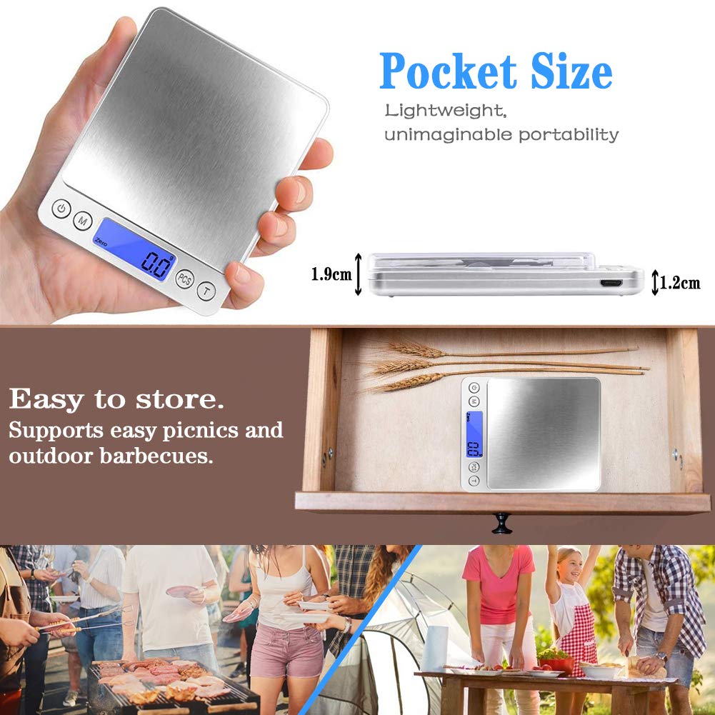 Jorenca Digital Kitchen Weighing Scales, USB Rechargeable Pocket Scale, 0.1g/0.001oz Accuracy, 9 Unit with LCD Display, Stainless Steel Food Scales with 2 Trays for Home & Outdoor Use