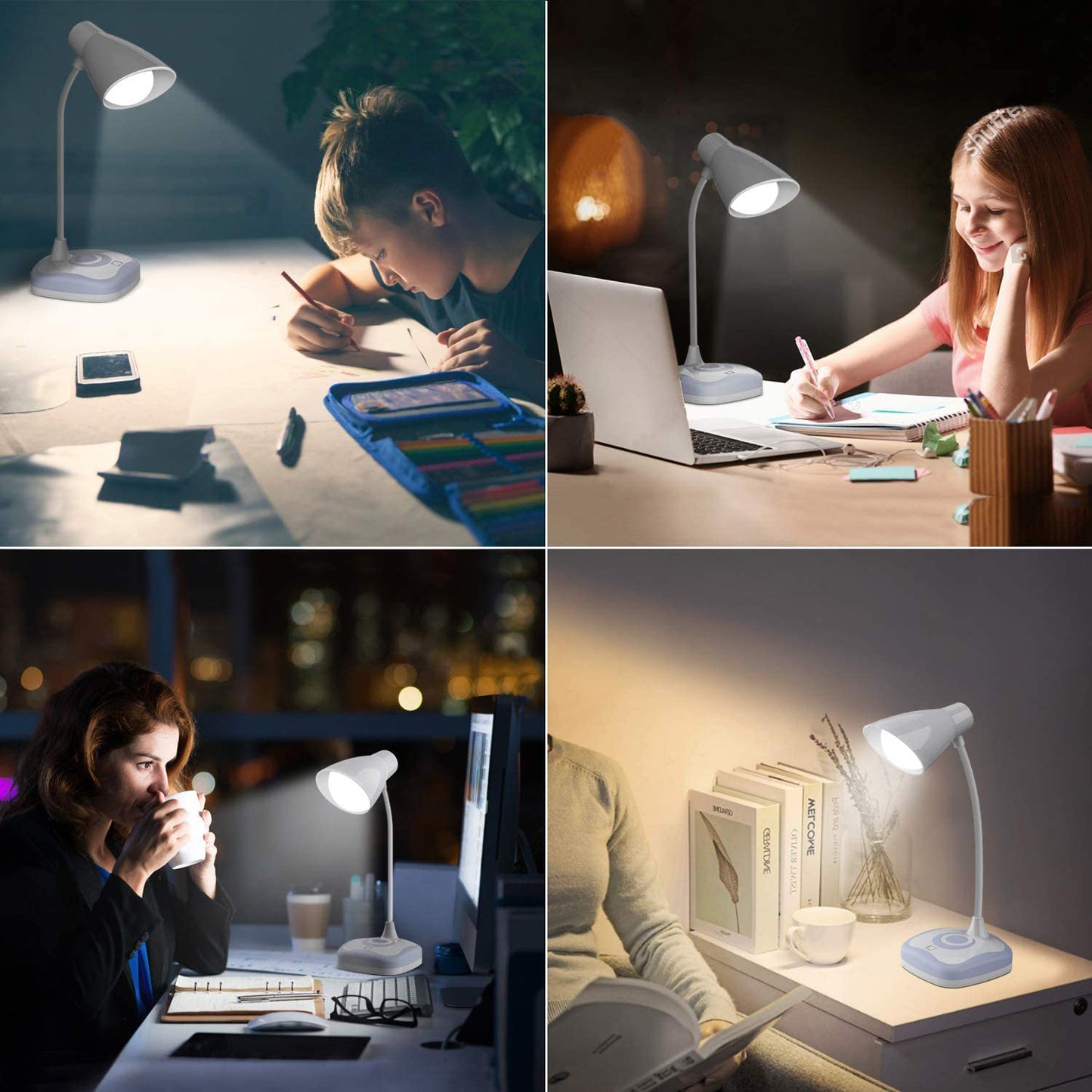 RENGAC LED Desk Lamp, 5W USB Rechargeable Reading Light with Mood Light on Base, 3 Levels Brightness, Touch Sensor Control, Energy-Saving Portable Reading Book Light for Study, Bedroom, Office, etc