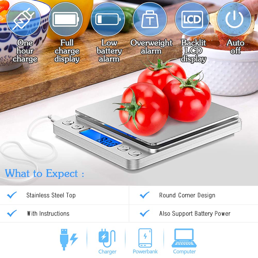 Jorenca Digital Kitchen Weighing Scales, USB Rechargeable Pocket Scale, 0.1g/0.001oz Accuracy, 9 Unit with LCD Display, Stainless Steel Food Scales with 2 Trays for Home & Outdoor Use