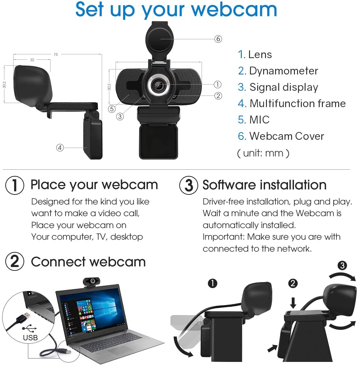 Charlore USB Webcam 1080p with Cover,Webcam for Pc,Desktop,Laptop,Streaming Webcam Built in Mic,Plug and Play Video Calling Computer Camera,Computer Camera for Gaming and Conferencing