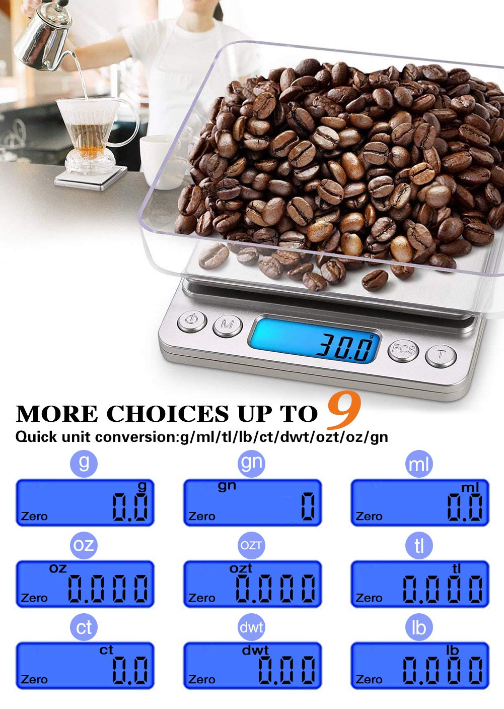 Jorenca Digital Kitchen Weighing Scales, USB Rechargeable Pocket Scale, 0.1g/0.001oz Accuracy, 9 Unit with LCD Display, Stainless Steel Food Scales with 2 Trays for Home & Outdoor Use