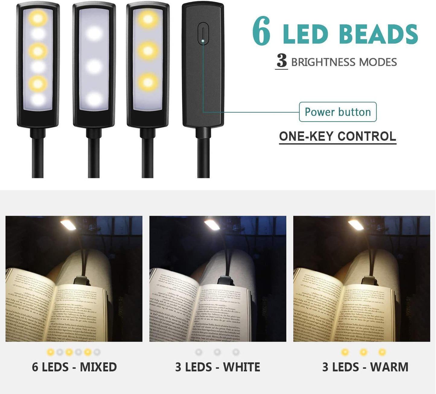 RENGAC  6 LED Book Light,USB Rechargeable Reading Light with 3 Eye-Care Brightness Modes(Warm&Cool White),Flexible Clip on Book Light for Reading in Bed,Tablet,Music Stand,Travel