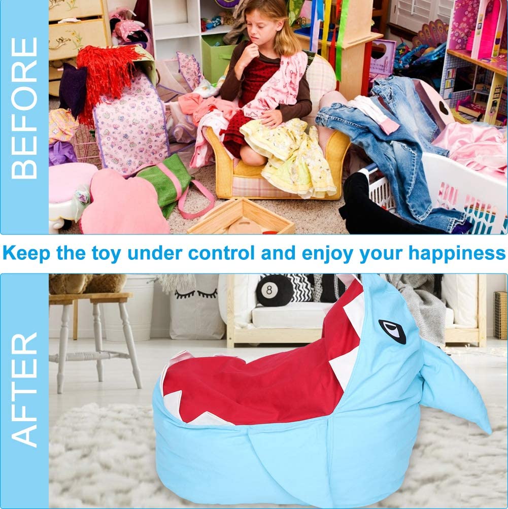 gruciso 31.5x31.5x19.69 Inch Bean Bag Chair, Shark Stuffed Animal Storage Bean Bag Chairs Soft Plush Toy Organizer Fluffy Lounger Sofa for Kids Adult Sit and Sleep Extra Large(Blue)