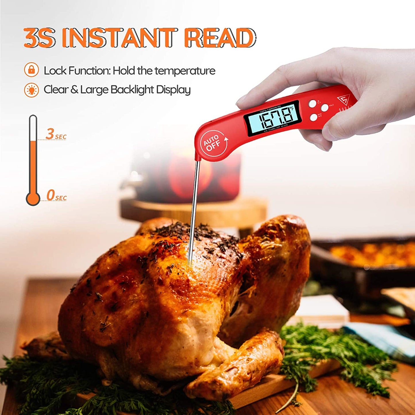 Taoriggs Cooking Thermometer, Digital Instant Read Food Thermometer Meat Thermometer Kitchen Thermometer with Foldable Probe, Backlit LCD Screen, Auto On/Off for BBQ, Grill, Suger, Milk, Deep Fry (Red)