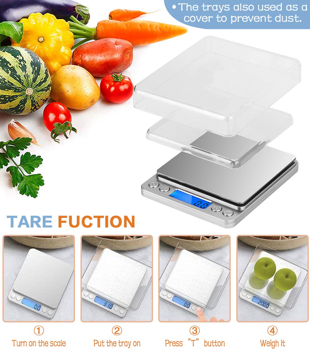 Jorenca Digital Kitchen Weighing Scales, USB Rechargeable Pocket Scale, 0.1g/0.001oz Accuracy, 9 Unit with LCD Display, Stainless Steel Food Scales with 2 Trays for Home & Outdoor Use