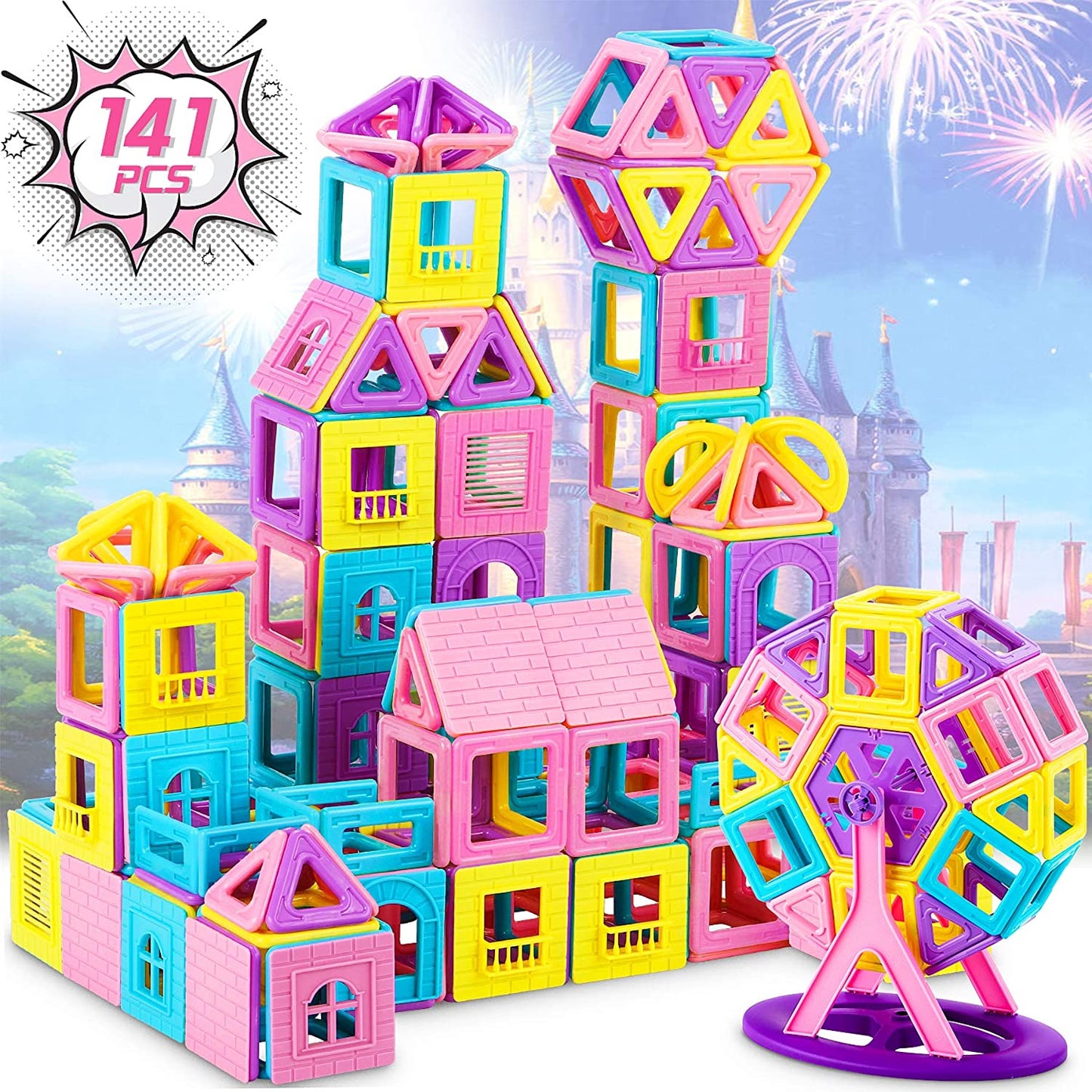 gruciso 141 PCS Magnetic Building Blocks Castle Magnetic Toys Magnet Tiles Gift, Magnetics Construction Booklet Learning & Development Kids Games Toys Gift with Portable Bag for Boys Girls