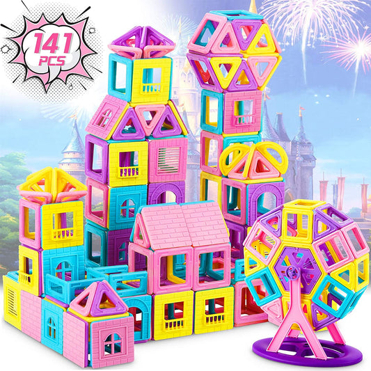 gruciso 141 PCS Magnetic Building Blocks Castle Magnetic Toys Magnet Tiles Gift, Magnetics Construction Booklet Learning & Development Kids Games Toys Gift with Portable Bag for Boys Girls