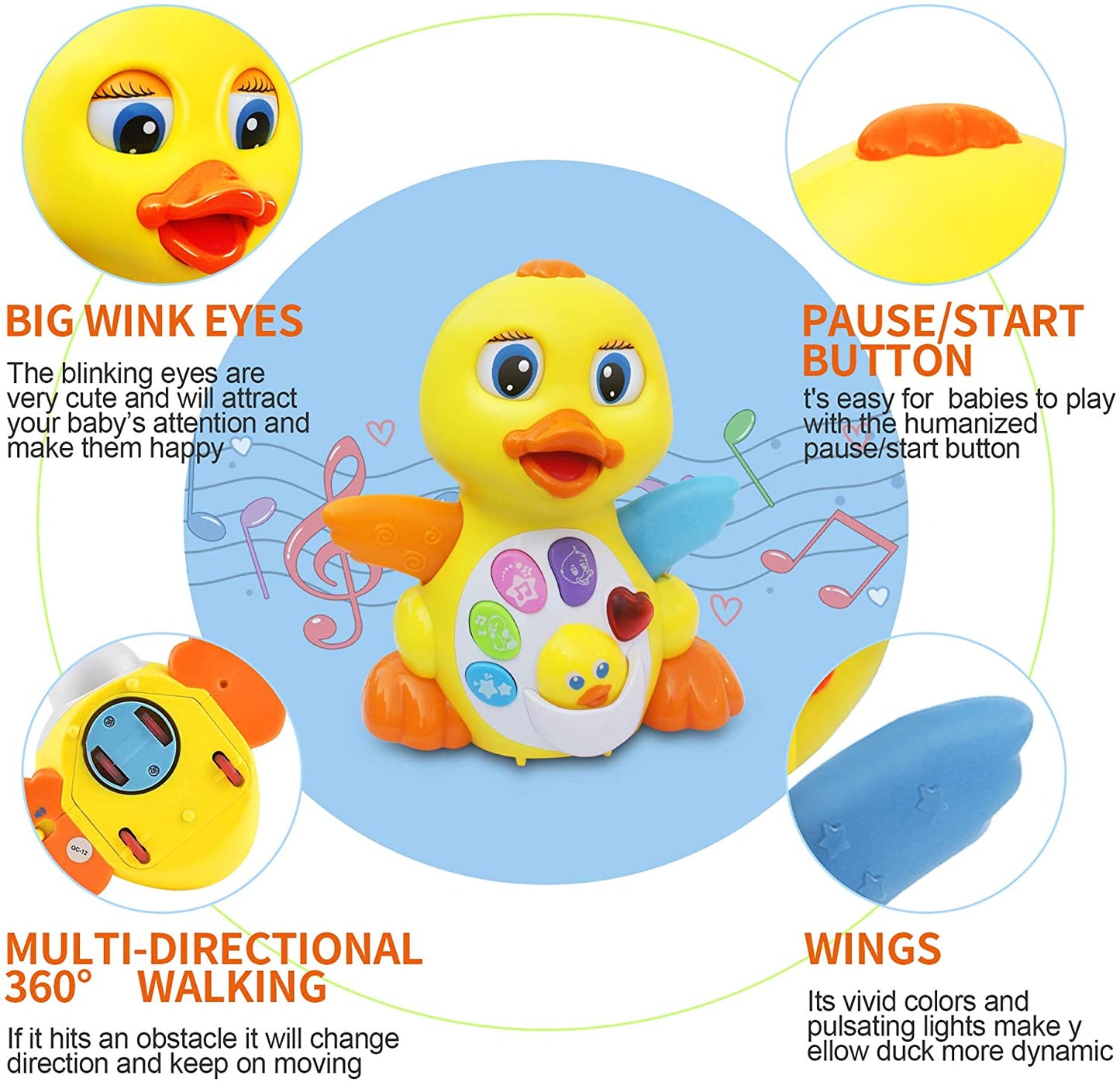 gruciso Singing Dancing Duck Toys-Musical and Educational duck Toy for Girl or Boy - Crawling Flapping Duck Toy Interactive Baby Toy with Light and Adjustable Sound for Toddlers, infant 12+ Months