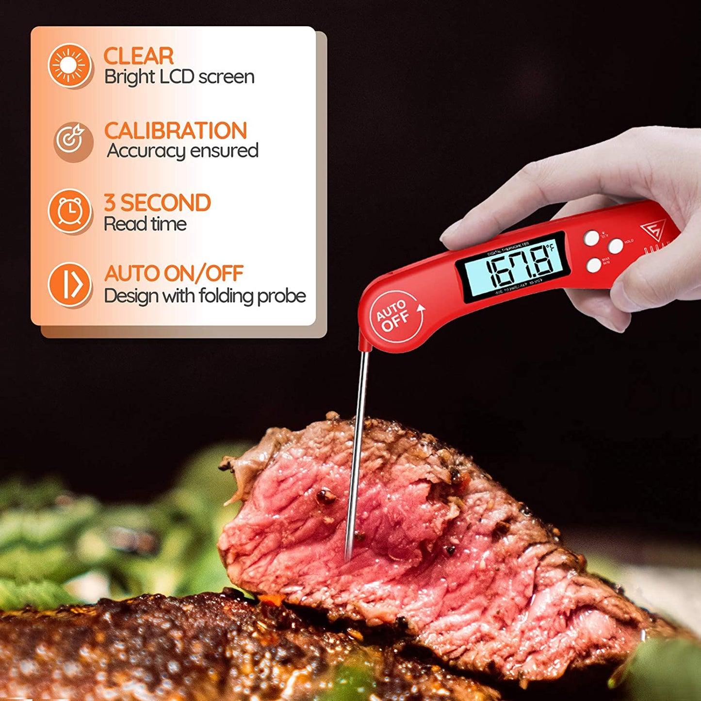 Taoriggs Cooking Thermometer, Digital Instant Read Food Thermometer Meat Thermometer Kitchen Thermometer with Foldable Probe, Backlit LCD Screen, Auto On/Off for BBQ, Grill, Suger, Milk, Deep Fry (Red)